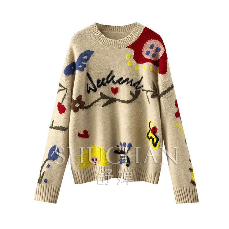 Жаккардовый 100% кашемировый свитер с круглым вырезом и длинными рукавами женский