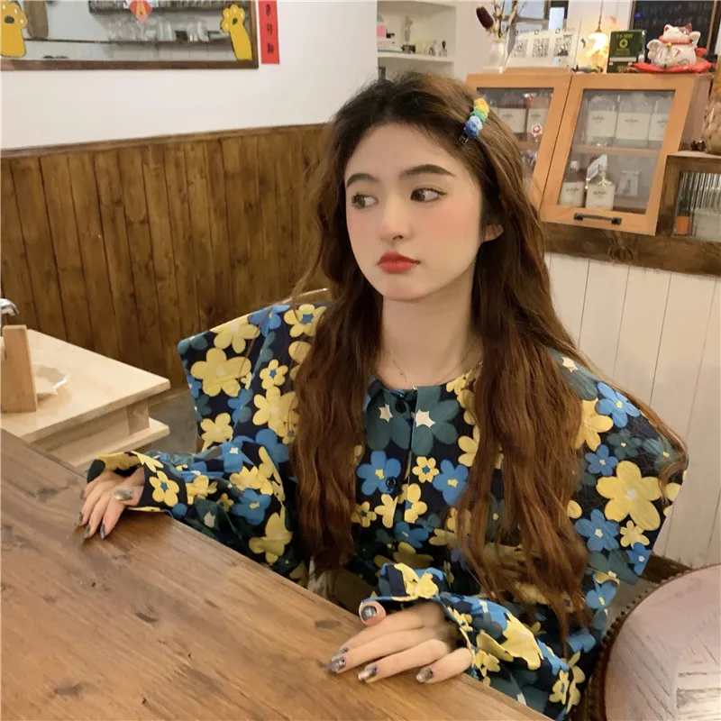 

VANOVICH 2022 Spring New Korean Sweet Printing Reduce Age Puff Sleeve Sailor Collar Casual Shirts Fashion Oversized Women Shirts