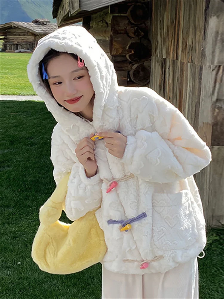 QWEEK Kawaii Sweet Lambwool Hooded Jackets Women Korean Fashion Cute Heart White Parkas Oversized Harajuku Winter Warm Hoodie