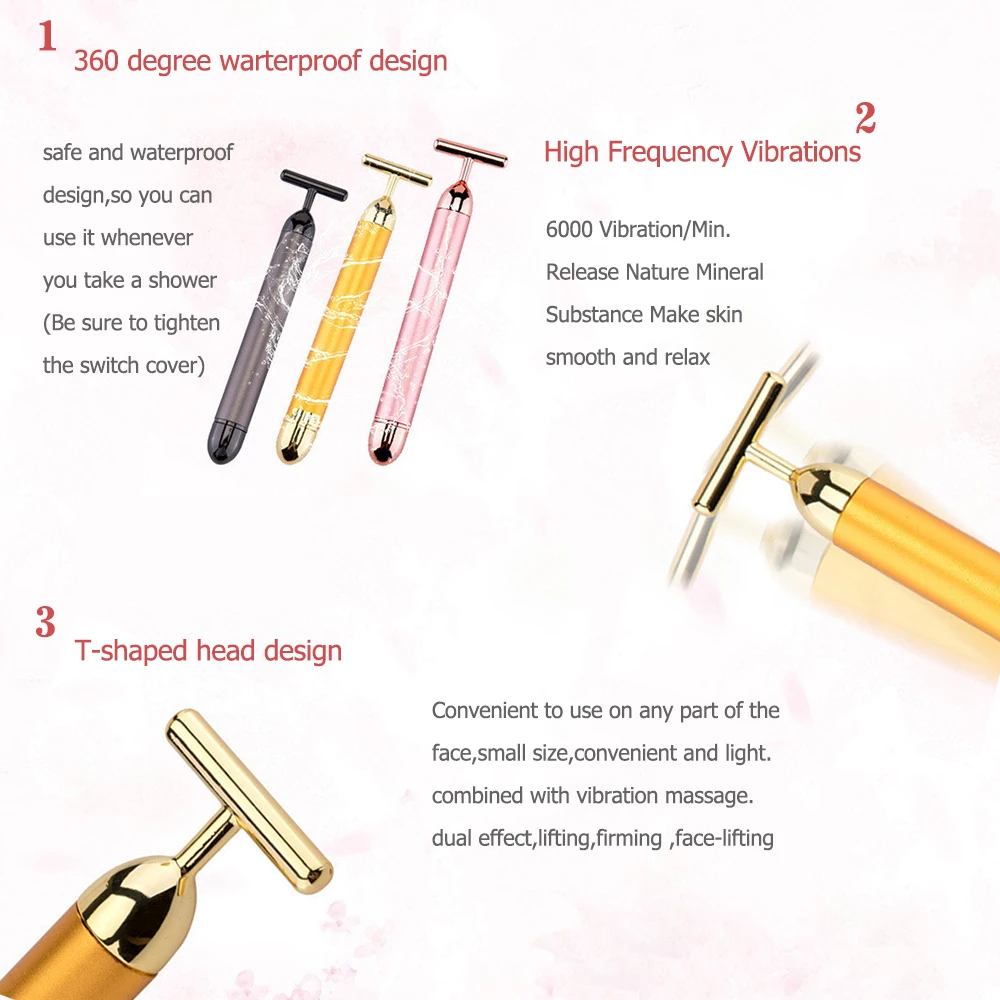 24k Gold Face Lift Bar Roller Vibration Slimming Massager Facial Stick Facial Beauty Skin Care T Shaped Vibrating Tool