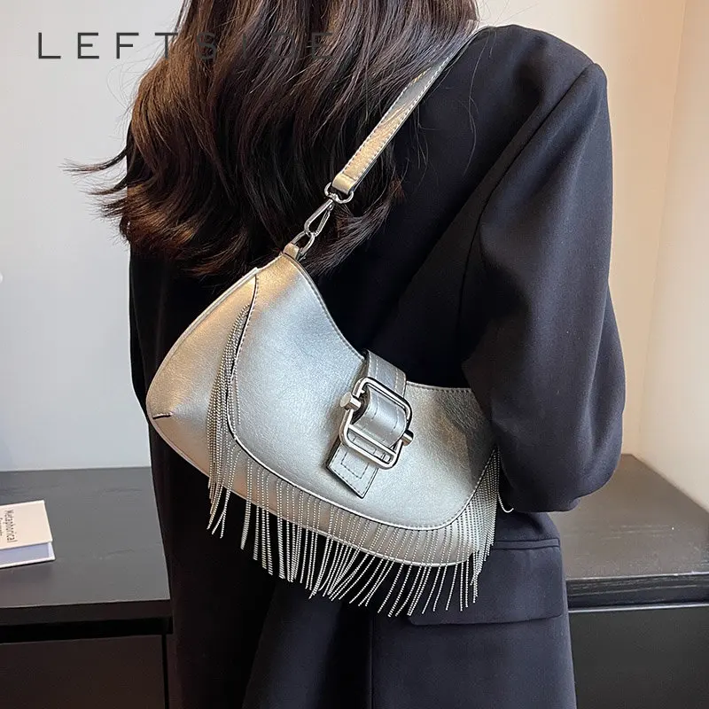 

LEFTSIDE Silver Shoulder Side Bags for Women 2023 Y2K Small Purse PU Leather Luxury Brand Female Underarm Bag Handbags