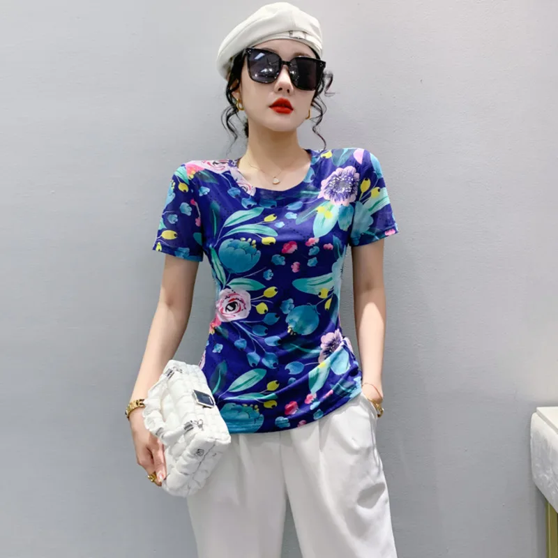 # 5436 летняя сетчатая футболка с цветочным принтом женские винтажные футболки