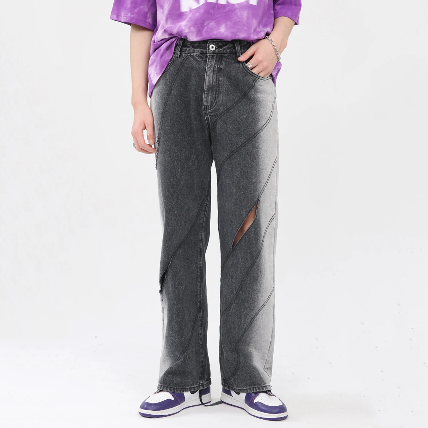 Four Seasons Korean Fashion Gradient Hole Straight Loose Personality Casual Jeans Men Clothing Y2k Pants Mens Street Wear JEANS