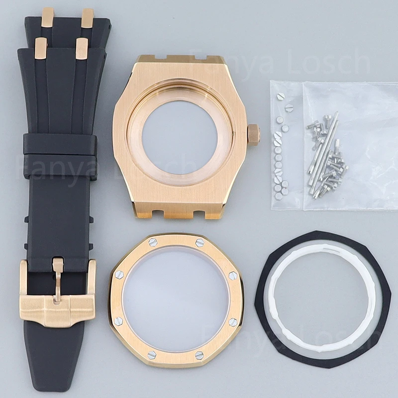 Часы из розового золота 41 мм восьмиугольные резиновые браслеты сапфировые