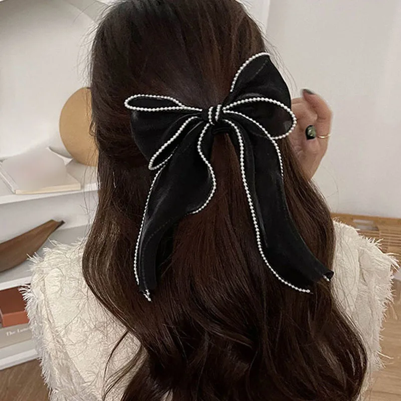 

Fashion Fabric Hair Bow Hairpin for Women Girls Ribbon Pearl Hair Clips Black White Bow Top Clip Female Hair Accessories