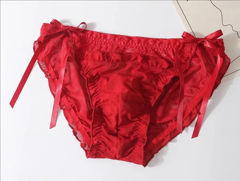 

Men's Red Lace Mesh Sheer Sexy Briefs Tie-Up Ruffled Bow Sissy Panties Live Show Dance Harajuku Stage Costumes FKK Party BF Gift