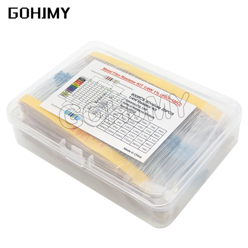 

600PCS 30Values* 20PCS 1% 1/4 W resistor pack set diy Metal Film Resistor kit use colored ring resistance (10 ohms~1 M ohm)