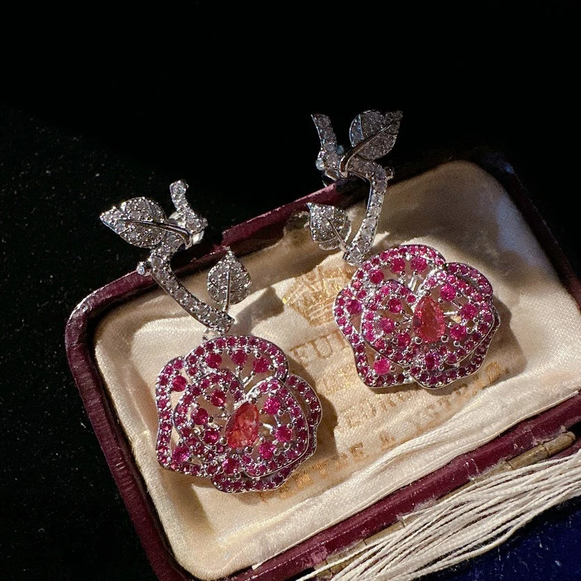 

Luxury 18K White Gold Elegant Rose Flower Drop Earrings Dazzling Cubic Zirconia Long Earrings for Women Valentine's Day Gift