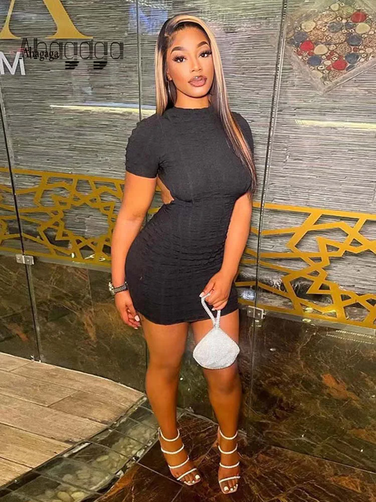 

Сексуальное женское платье AHAgaga с открытой спиной, облегающие платья с рюшами, круглым вырезом и коротким рукавом, женские повседневные одн...