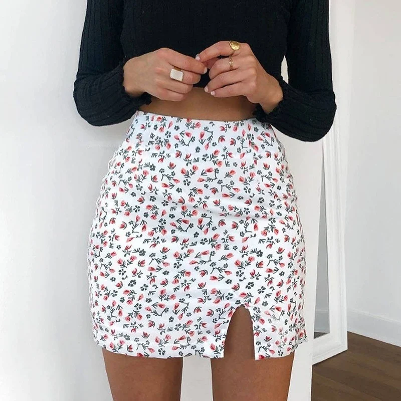 

Floral Print Split Women Faldas Cottagecore 2021 Summer High Waist Pencil Club Party Pencil Skirts Casual Bohemian A-line Skirts