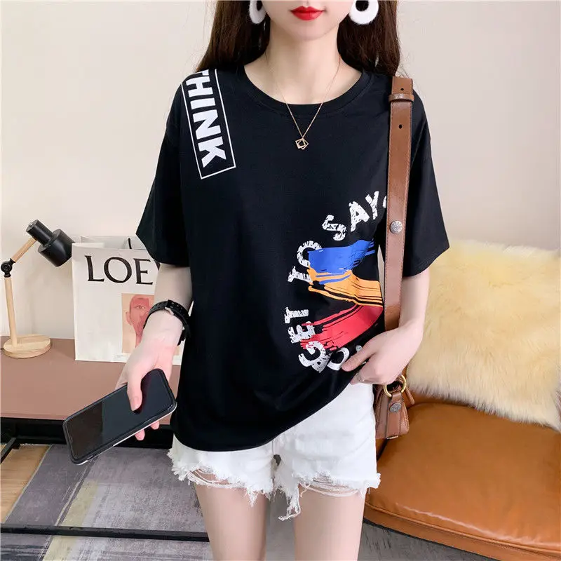 

Cotton Fashion Loose Printing Graffiti Half-sleeved T-shirt Women's 2022 Spring and Summer New Loose Graffiti Short-sleeved