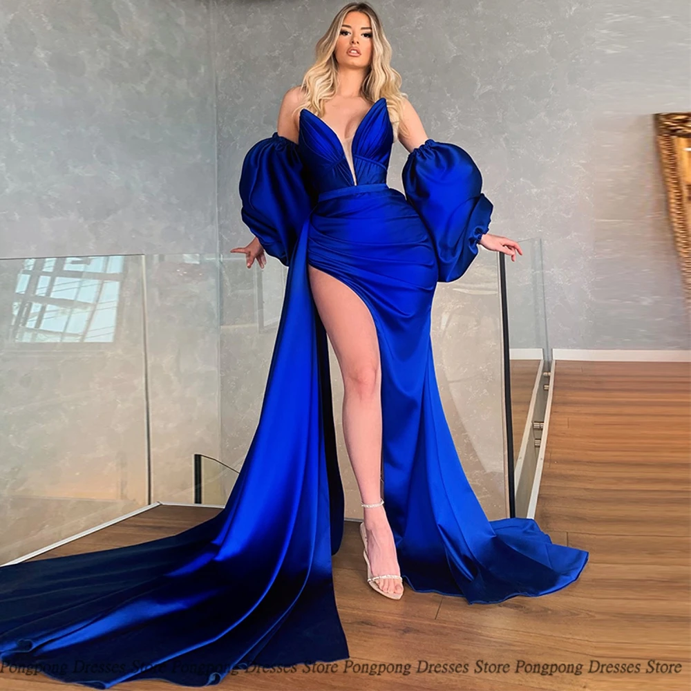 

Blue Mermaid Evening Dresses Strapless Sashes High Slit Puff Sleeve V Neck Open Back Party Glitter Women Dress Vestidos De Fies