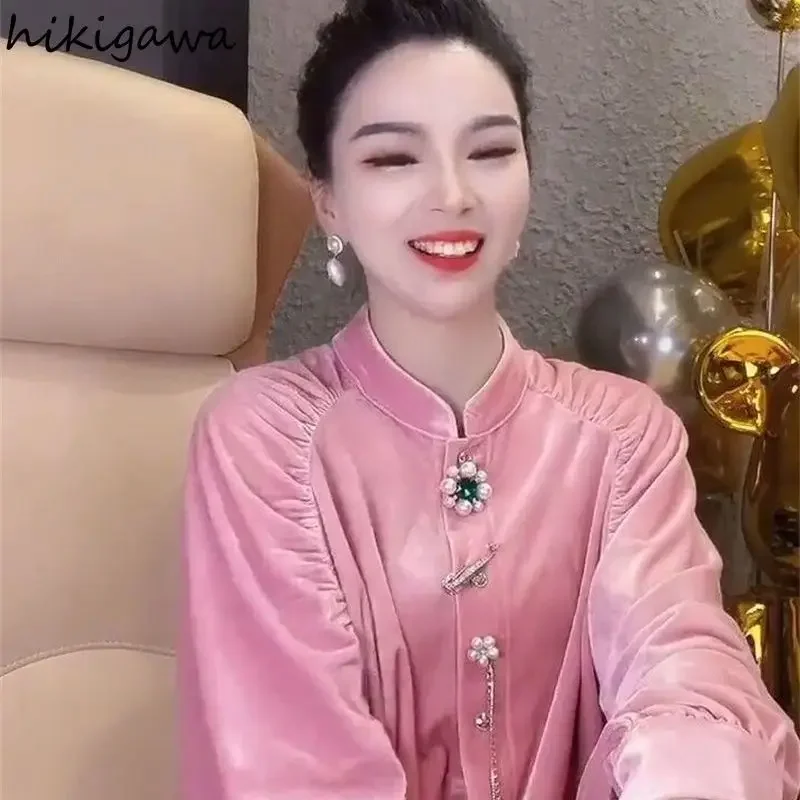 Корейские бархатные блузки Camisas De Mujer розовые для женщин темпераментные женские