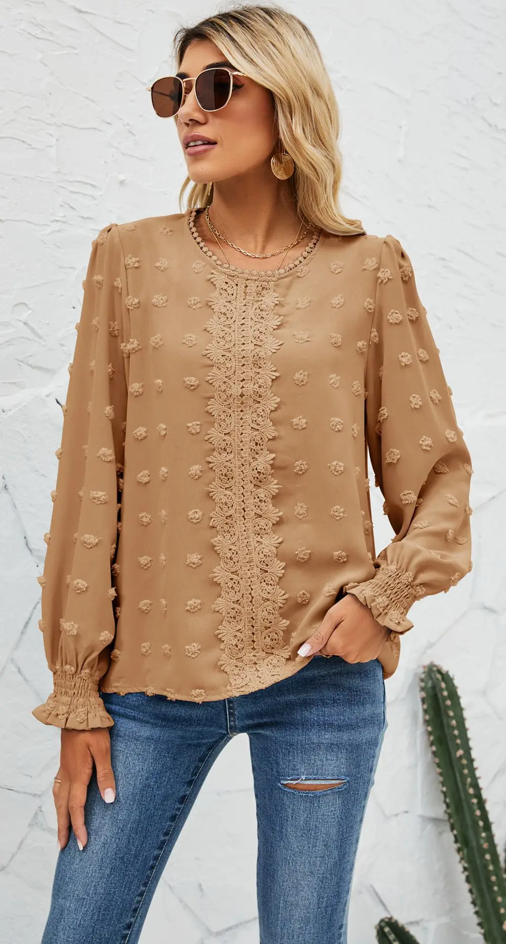 

Chiffon Blouse Women Elegant Lantern Long Sleeve Round Neck Top Pom Pom Shirts Office Ladies Casual Loose Style Tops