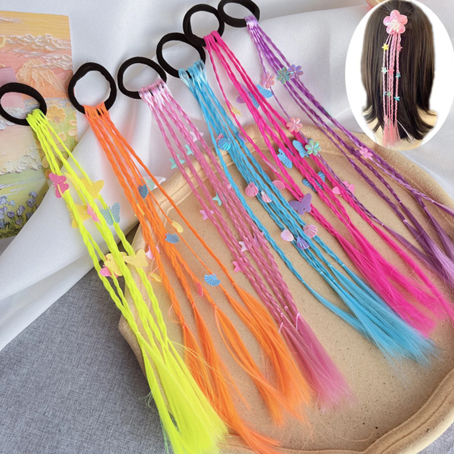 

Children's Wig Braid Hair Rope Colored Long Braided Ponytail Extensions Rubber Hair Bands Kids Beauty Headwear Hair Accessories