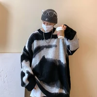 high street gradient color tie dye sweater mens winter clothes vintage pullover round neck sweater jacket youth kpop black tops