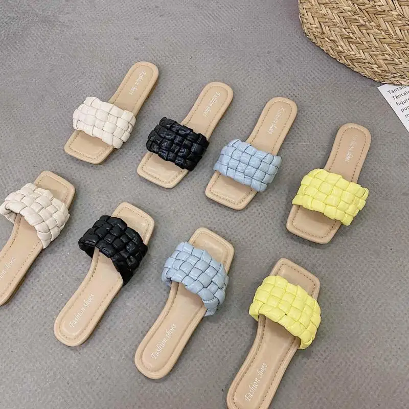 

Summer Beach Women's Flat Sandals Square Toe Hand-woven Candy Solid Color Pu Leather Flat Open-toed Slippers