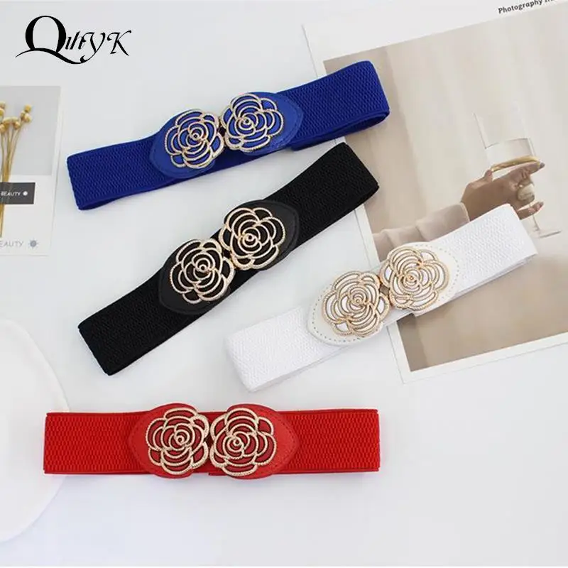 

Female Rose Flower Rhinestone Elastic Waistband Tight Black Belt For Women Waist Cinch Band Dress Overcoat Clothing Accessories