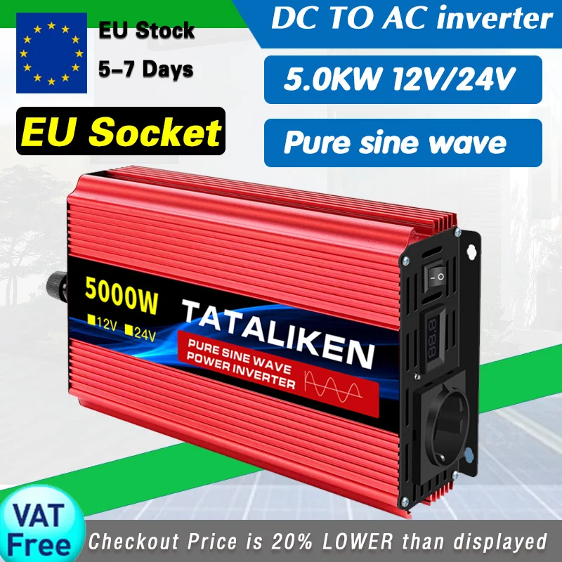 

5000W Car Inverter DC12V/24V To AC 220V Voltage 50HZ Power Solar Transformer Pure Sine WaveConverter With LED Display EU Socket