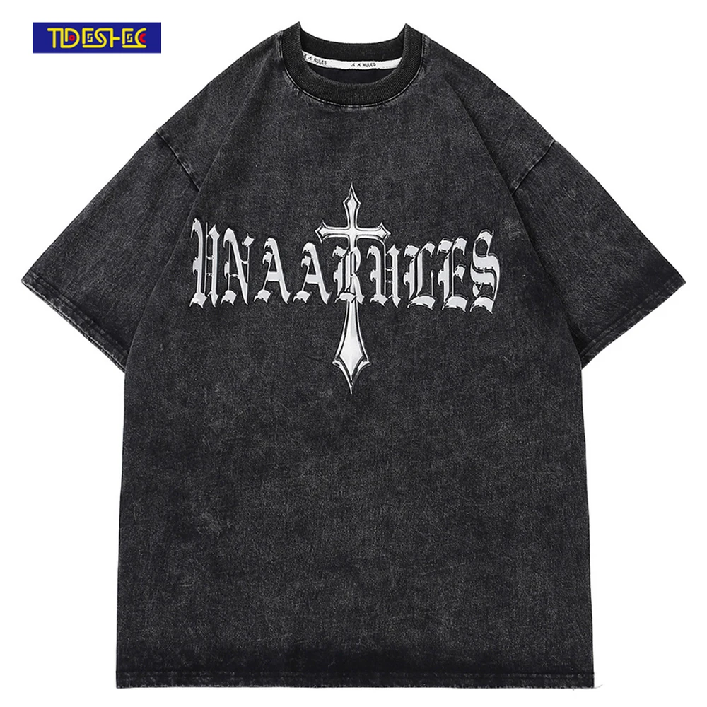 

Men Streetwear Hip Hop Washed T-Shirt Cross Letter Printed T Shirt 2022 Summer Short Sleeve Tshirt Harajuku Punk Tops Tees