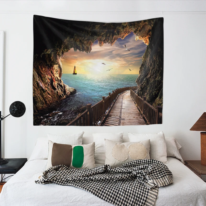 

Seaside Valley Tapestry Blue Sky Sunset Seagull Sailboat Decoration Home Boho For Living Room Bedroom Dormitory Beach Towel