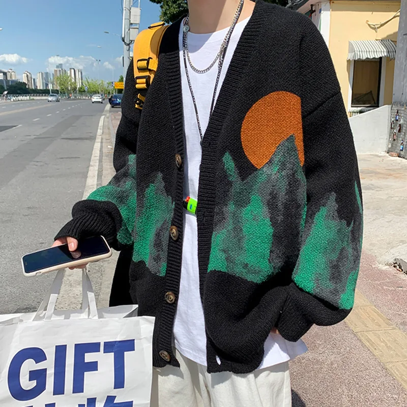 

Winter Fashion Jacquard Knitted Sweater Top Quality Long Sleeve Loose Cardigan Men High Street Casual Sweatercoat Black/White