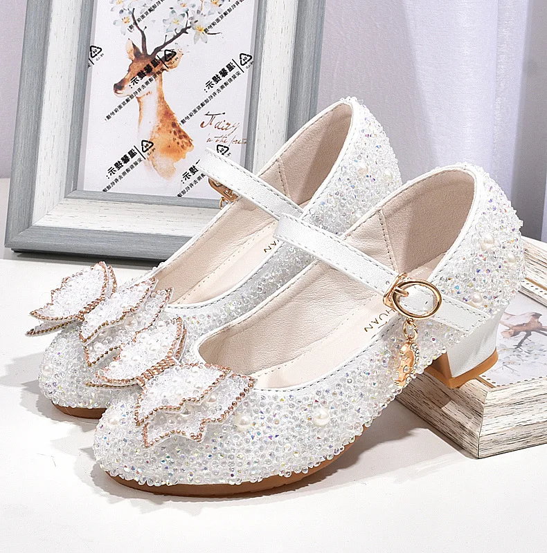 

Туфли для девочек на высоком каблуке, блестящие, с жемчугом, цветы, Бабочка, принцесса, повседневная обувь для детей 3-12 лет, кожа