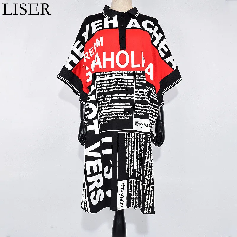 

Женское свободное платье с коротким рукавом, черное Повседневное платье большого размера с отложным воротником и надписью, с разрезом, LL1210, ...