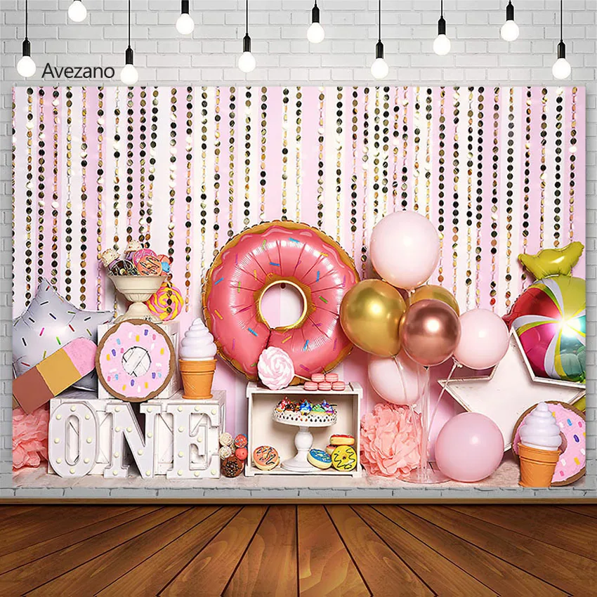 

Фон для фотосъемки с изображением мороженого розовых конфет пончиков принцессы портрет на 1-й День Рождения Декор фоны для фотостудии фотозона
