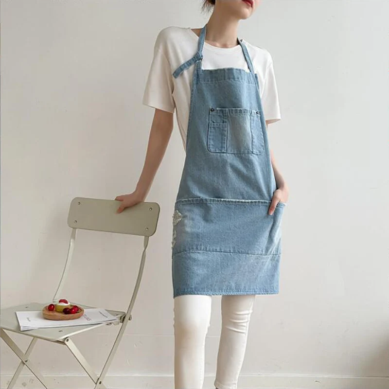 

Japan Style Cotton Denim Apron Unisex Jeans Aprons Men Lady Chef Kitchen Cooking Bibs Beauty Nails Cafe Uniform Blue/Black Custo