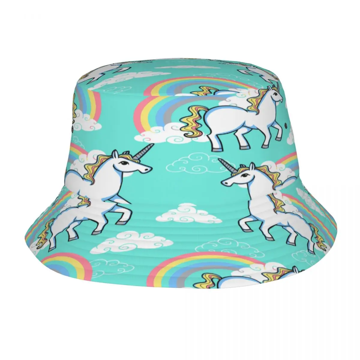 

Green Unicorn With Rainbow And Clouds Bucket Hat Summer Hats Fisherman Hat Foldable Women Men Sunscreen Shade Caps