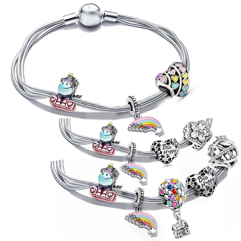

Trendy Cute Rainbow Bruno Unicorn Charms Bracelet Women Daisy Hot air balloon Beads for Jewelry Making Girls Bangles Accessories
