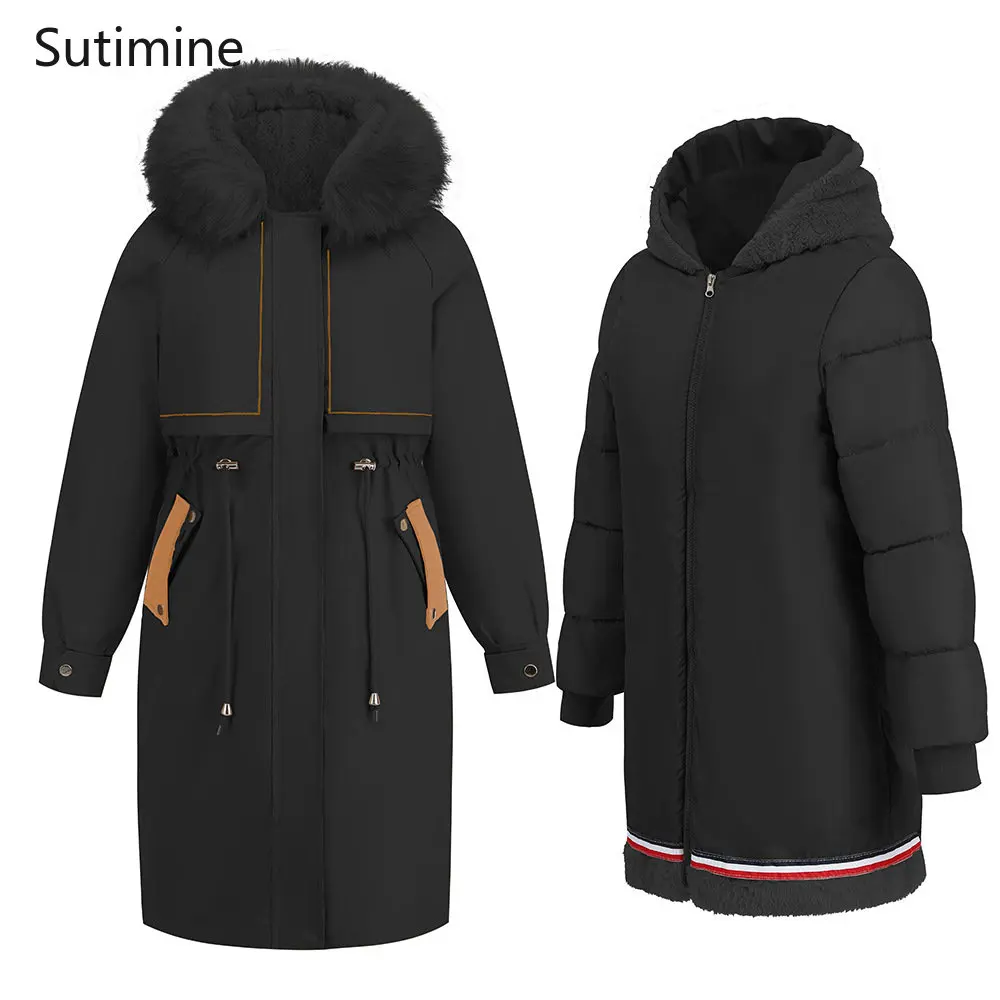 Black Winter Coat for Women England Style Parkas Thermal Coat Fur Collar Clip Down Two-piece Set Women's Winter Jacket