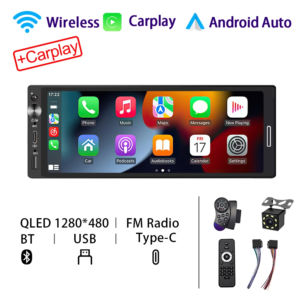 

1Din 6,9 Дюйма, Беспроводной CarPlay, Android, Авто, Мультимедийный MP5-плеер, Автомобильное Радио, Стерео, тип-C