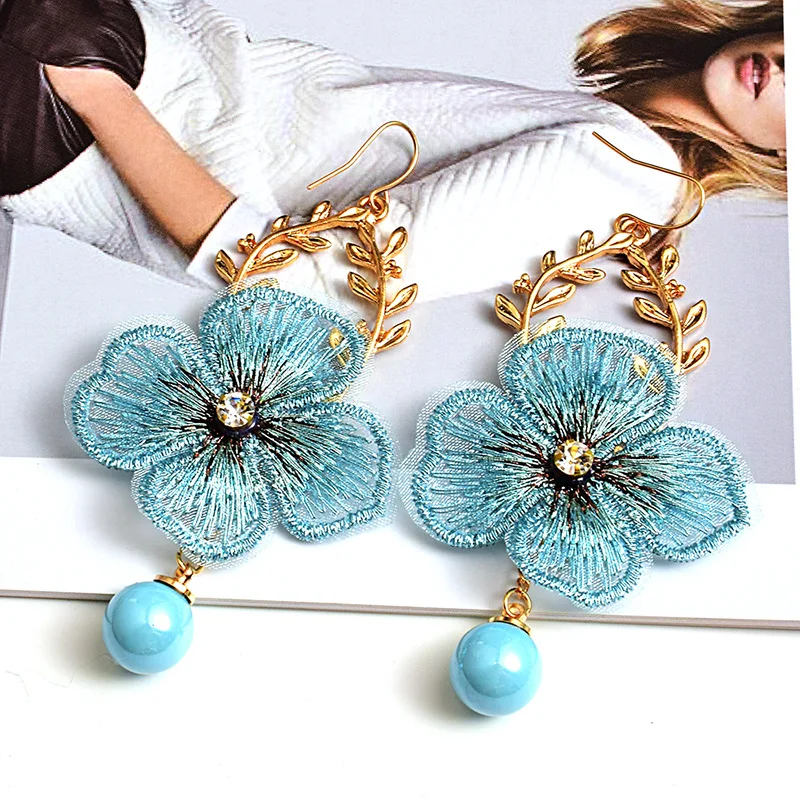 

New Korea Sweet Cute Lace Lace Flowers with Diamonds Earrings for Women Statement Earrings Girl Girl Pearl Pendant Accessories