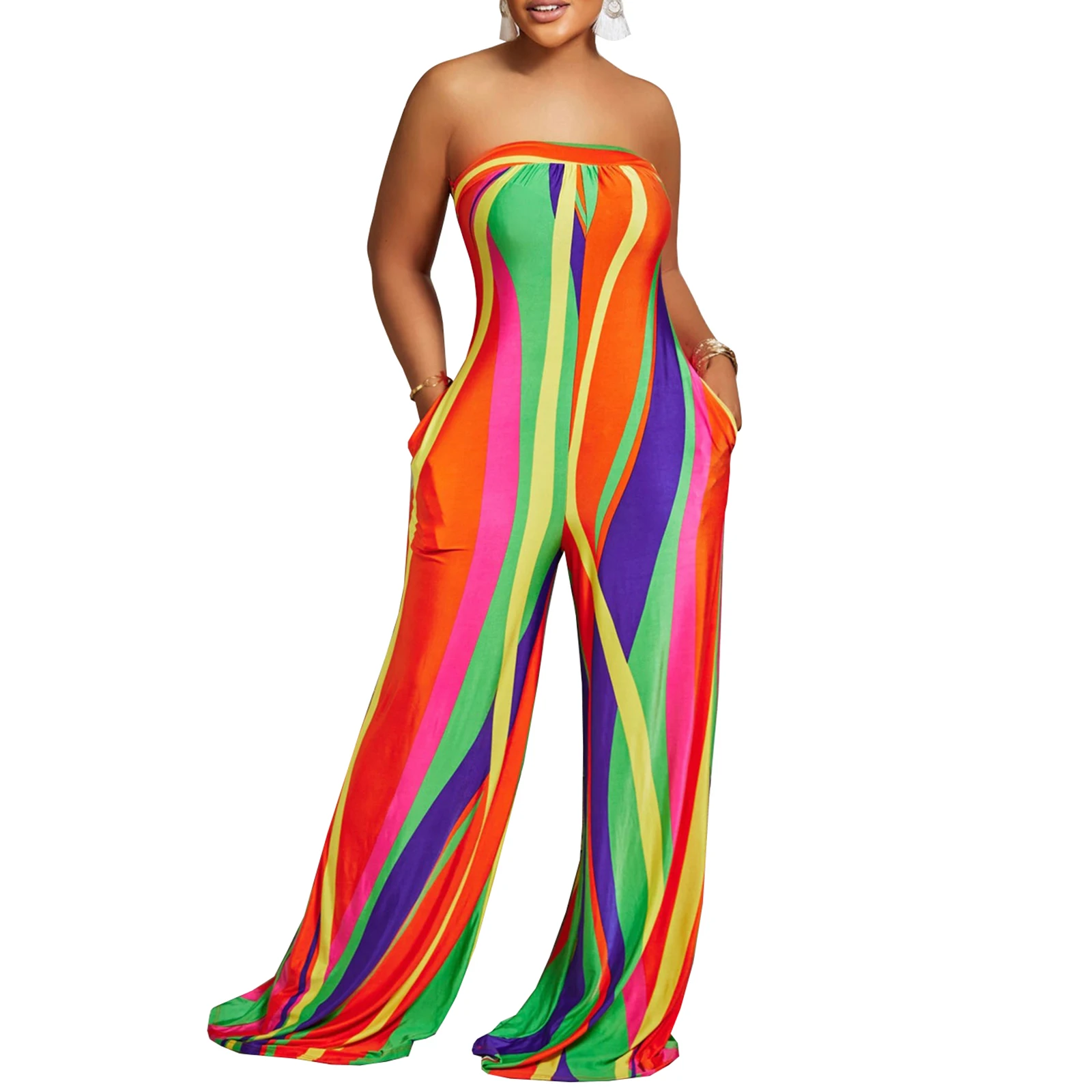 

Ladies Stripe Pattern Chest Wide Leg Trousers Jumpsuit Strapless Sleeveless Lace-Up Backless Jumpsuit Workwear Streetwear