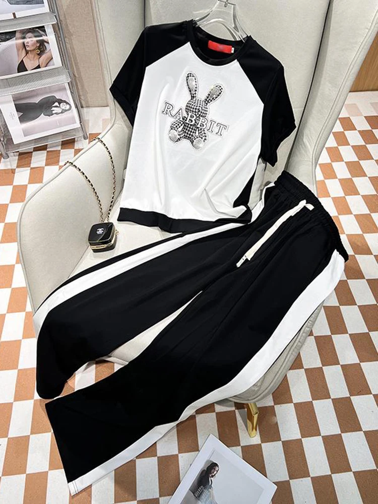 

Rabbit Short Sleeve T Shirt and Wide Leg Pants Two Piece Set Summer Women Loose Pants Set Casual Chic Outfits
