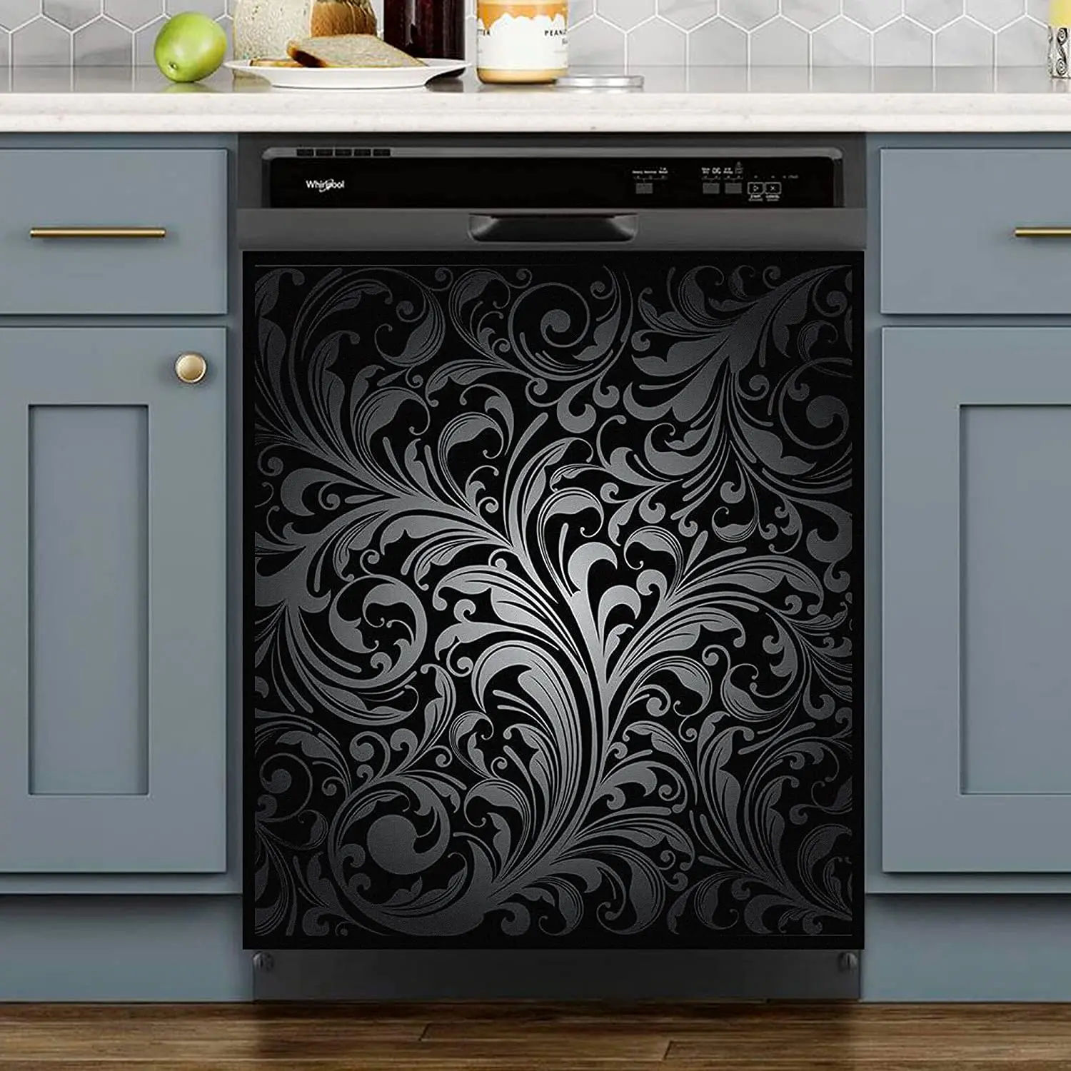 

Dishwasher Magnet Cover, Front Dishwasher Cover Decoration, The Black Flower, Wave Flower , Home Cabinet Decals Appliances Stick