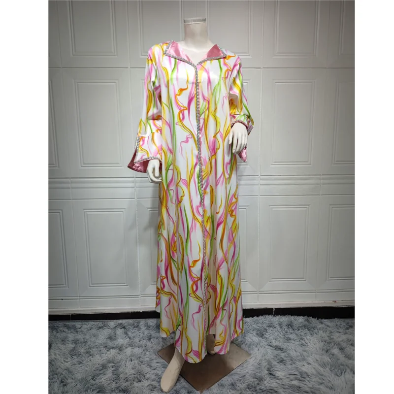 Dubai Abaya Luxury Muslim Women 2023 Spring Fashion Diamonds Floral Print Long Sleeve Dress Ramadan Arabian Clothing Jilbab Gown