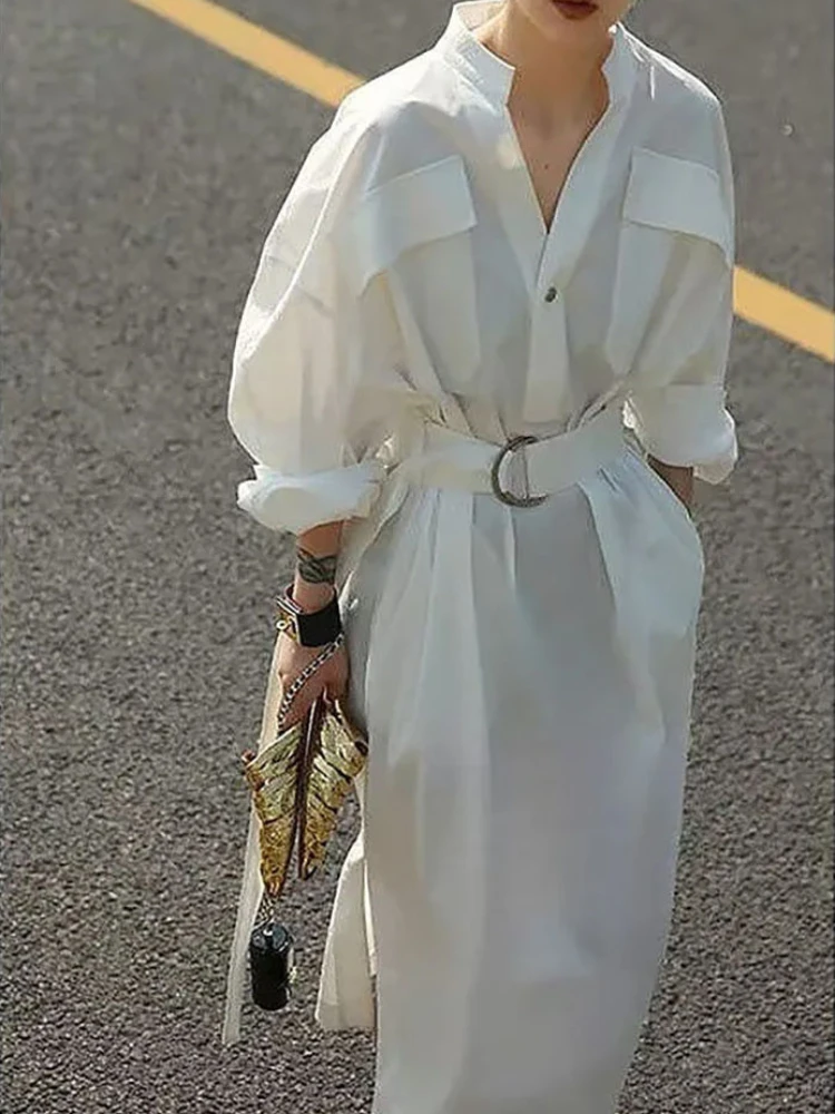 

Dresses for Women 2023 Summer White Dresses Shirt Office LOOSE Casual V-Neck High Waist Belt Temperament Elegant Lady Dress