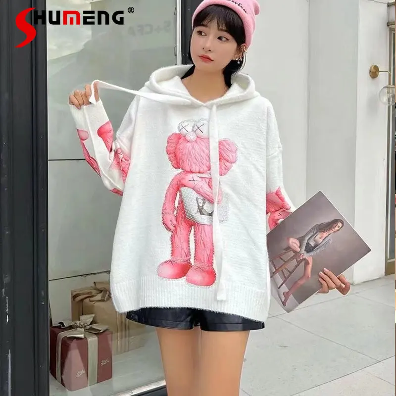 

Cartoon Printing 2022 Fall Winter Korean Fashion Hooded Mink Sweatshirt Women Trendy Hot Rhinestone Casual Loose Hoodie Top