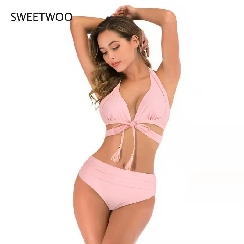 

2022 Women's Fashion Swimsuit Solid Color Halter Rotating Strap Ladies Split Bikini