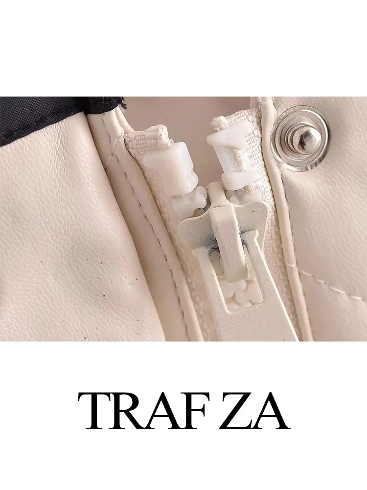 TRAF ZA Winter Women's Clothing Faux Leather Cotton Padded Jacket Zipper Loose Warm Thick Coats Fashion Female Chic Outerwear