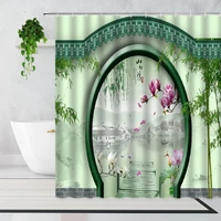 retro stone corridor shower curtain chinese flowers round arch door design polyester printing bathroom bath curtains with hooks