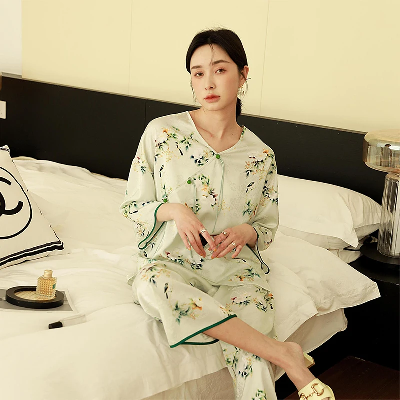 Женская свободная пижама из ледяного шелка брюки с длинным рукавом комплект двух