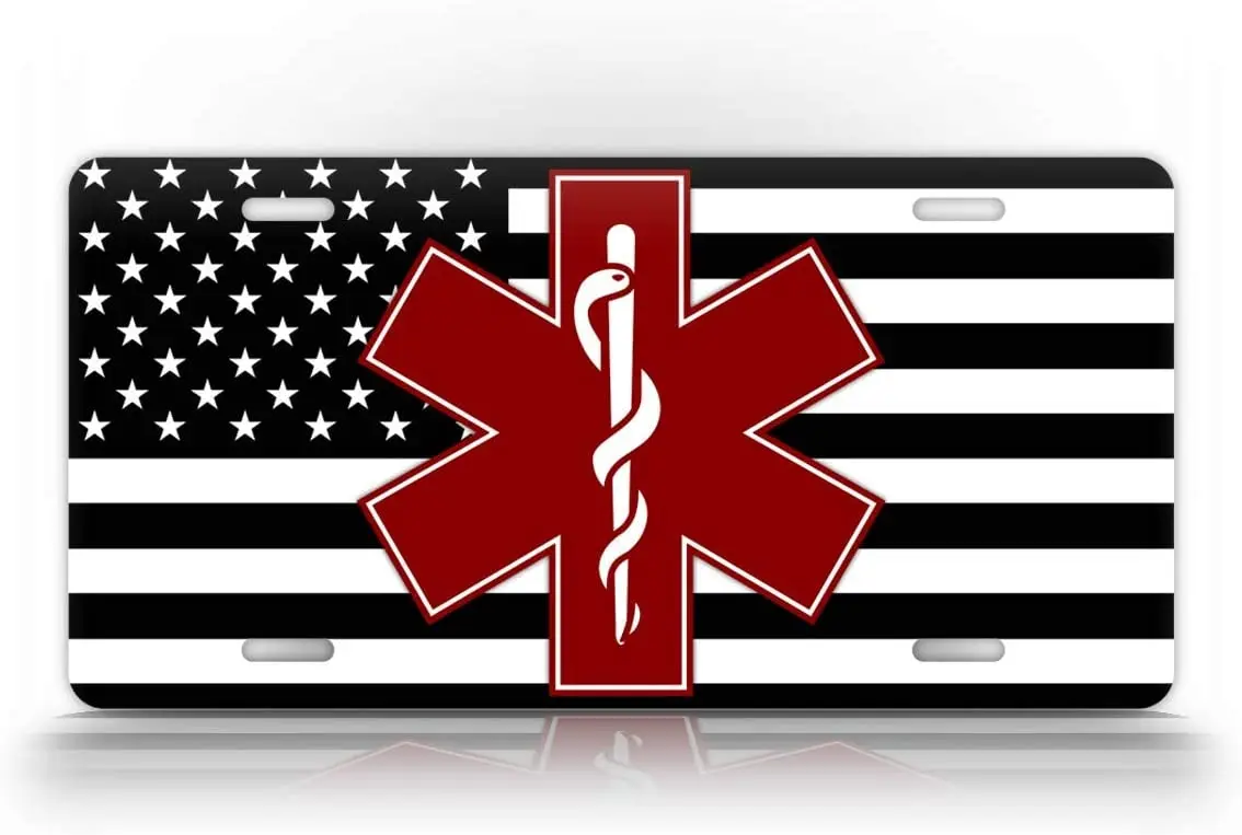 

SignsAndTagsOnline American Flag EMT Star of Life EMS and Fire Fighter License Plate Patriotic USA Auto Tag