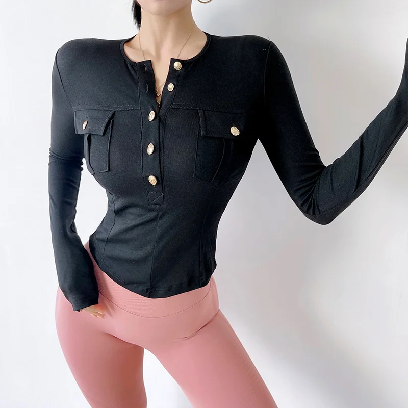 

WOMENGAGA Girl Sports Shirt Long Sleeve Pocket Quick Drying Top Women High Waist Closing Slim Fitness Autumn Winter Blouse B55A