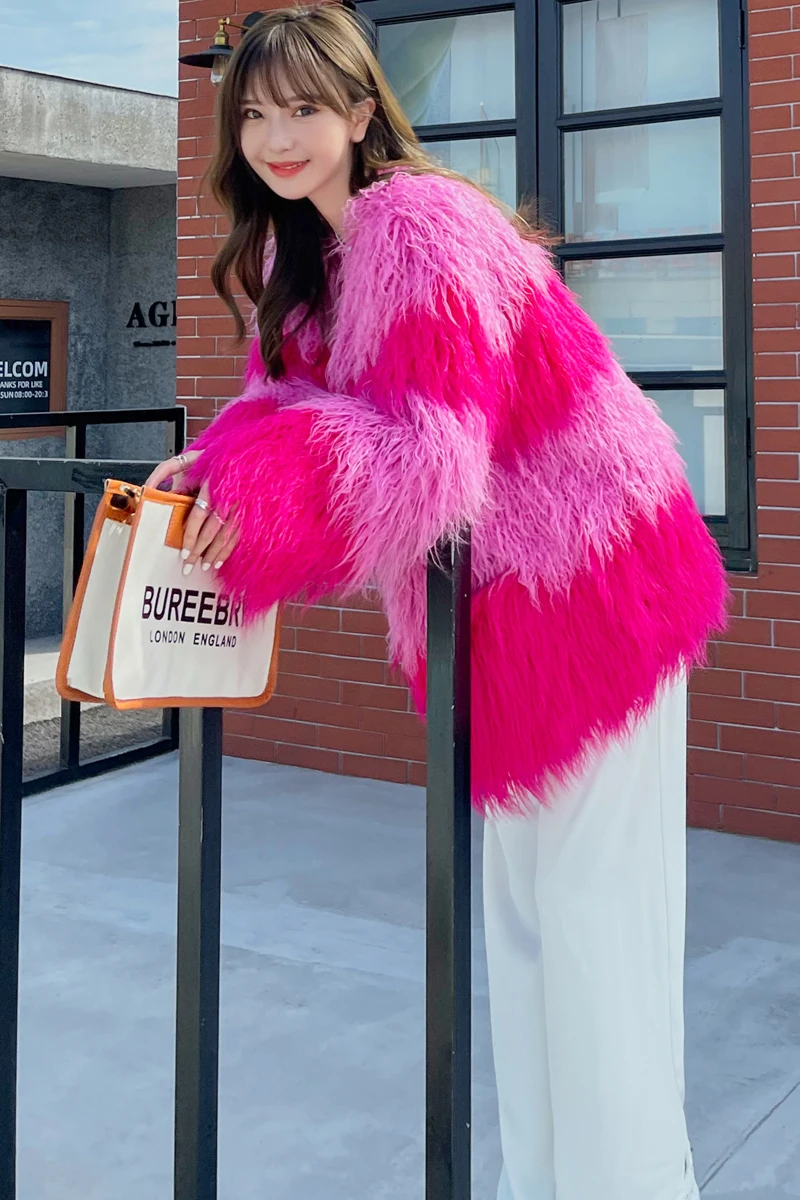 Rose Red Stitching Pink Fur Coat Autumn Winter New Fashion Plush Loose Contrast Color Tan Wool Jacket Elegant Coat Women