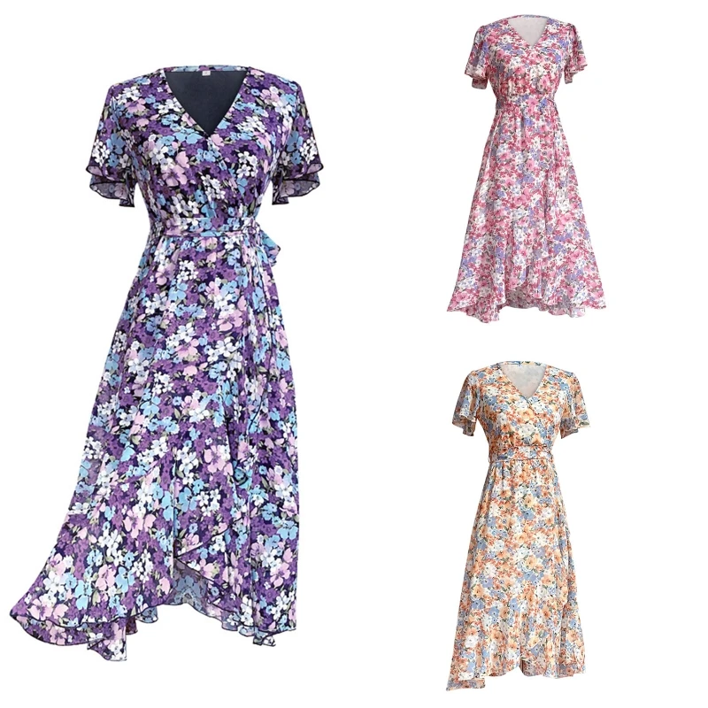 

Women Summer Short Sleeve Wrap V-Neck Maxi Long Dress Boho Vintage Floral Print Belted High Low Asymmetric Ruffle Hem Sundress