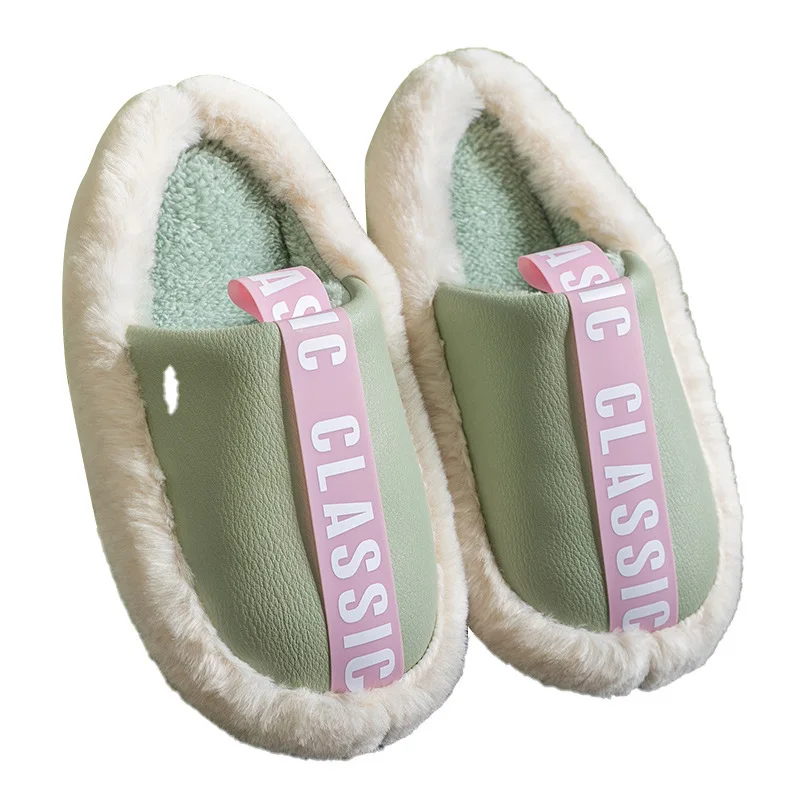 Women slippers home Plus size PU Leather Slippers house Winter Waterproof indoor Fur Male Memory foam Massage Cotton slipper